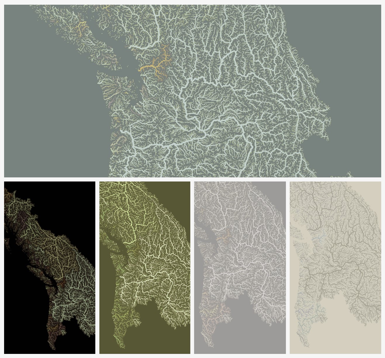 Series of images each depicting densely packed wiggly lines that show waterflow on bodies of land