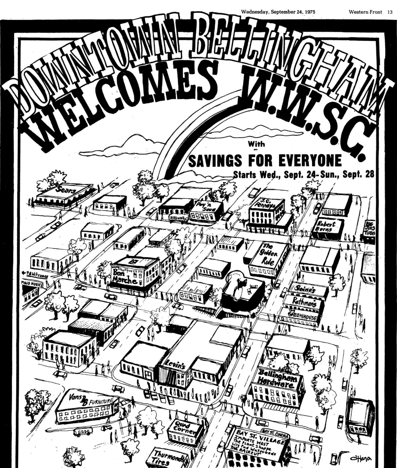 Hand-drawn 3D map of downtown Bellingham, a rainbow, and text "Downtown Bellingham Welcomes WWSC with savings for everyone" and dates