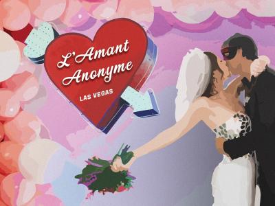 Illustration: A bride passionately kissing a masked groom. A heart-shaped sign reads L'Amont Anonyme Las Vegas