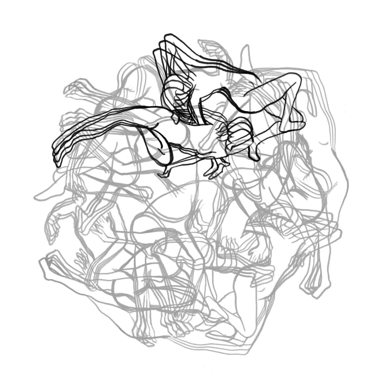 a sketch-like line drawing depicting a palimpsest of moving outlines of bodies
