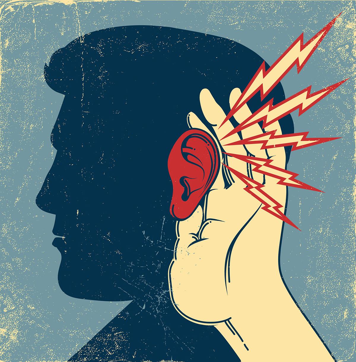 starkly contrasted silhouette of head, red ear hand at ear, electric blots pointed at ear