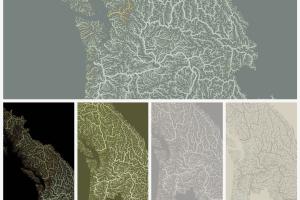 Series of images each depicting densely packed wiggly lines that show waterflow on bodies of land