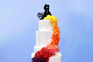 tall tiered white wedding cake with a rainbow cascade of flowers winding down the side, topped with two figures in dresses and a heart that reads Mrs & Mrs.