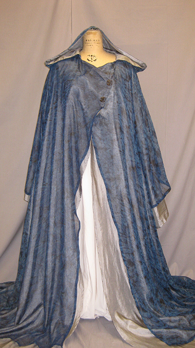 very long blue velvet cloak with cowl hood