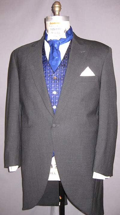 pewter morning coat, blue cravat, blue waistcoat, white shirt, white pocket handkerchief
