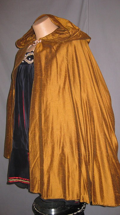 three quarter length bronze colored cloak with hood