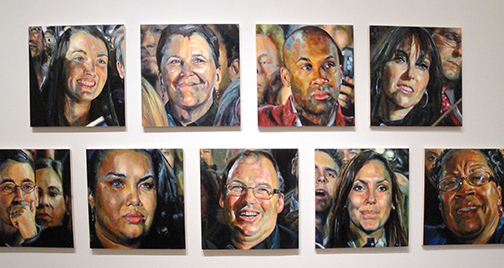 Series of 9 realistic paintings of close-up faces in a crowd