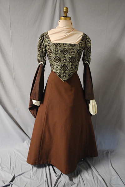 dress with diamond pattern bodice, flared brown sleeves, brown skirt