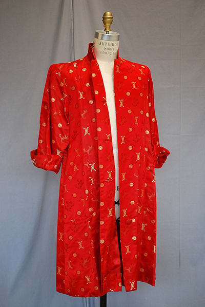 red patterned housecoat