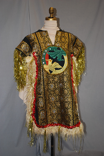 embroidered poncho with metallic fringe and bird motif on chest