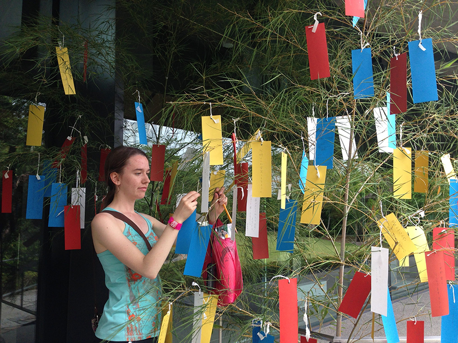 a student attaches a colorful card to a string among dozens of similar hanging cards in yellow, blue, red, and white