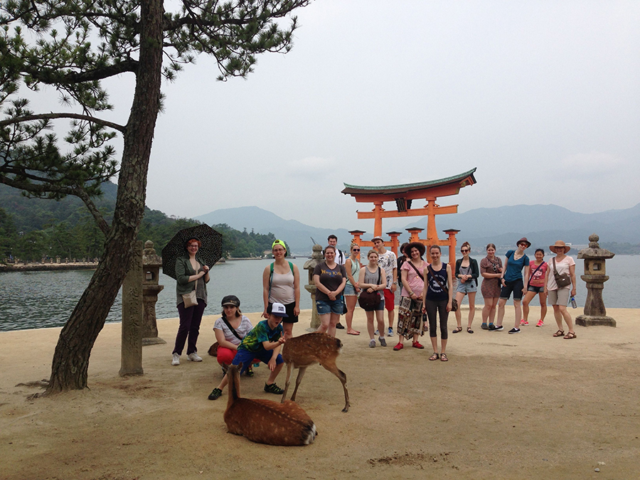 students pet a small deer on a beach near a Shinto shrine