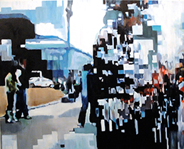 Abstractly painted people walking on a street. A figure in the front is broken up in colorful squares