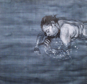 A nude female figure swims in a softly streaked field of dark blue.