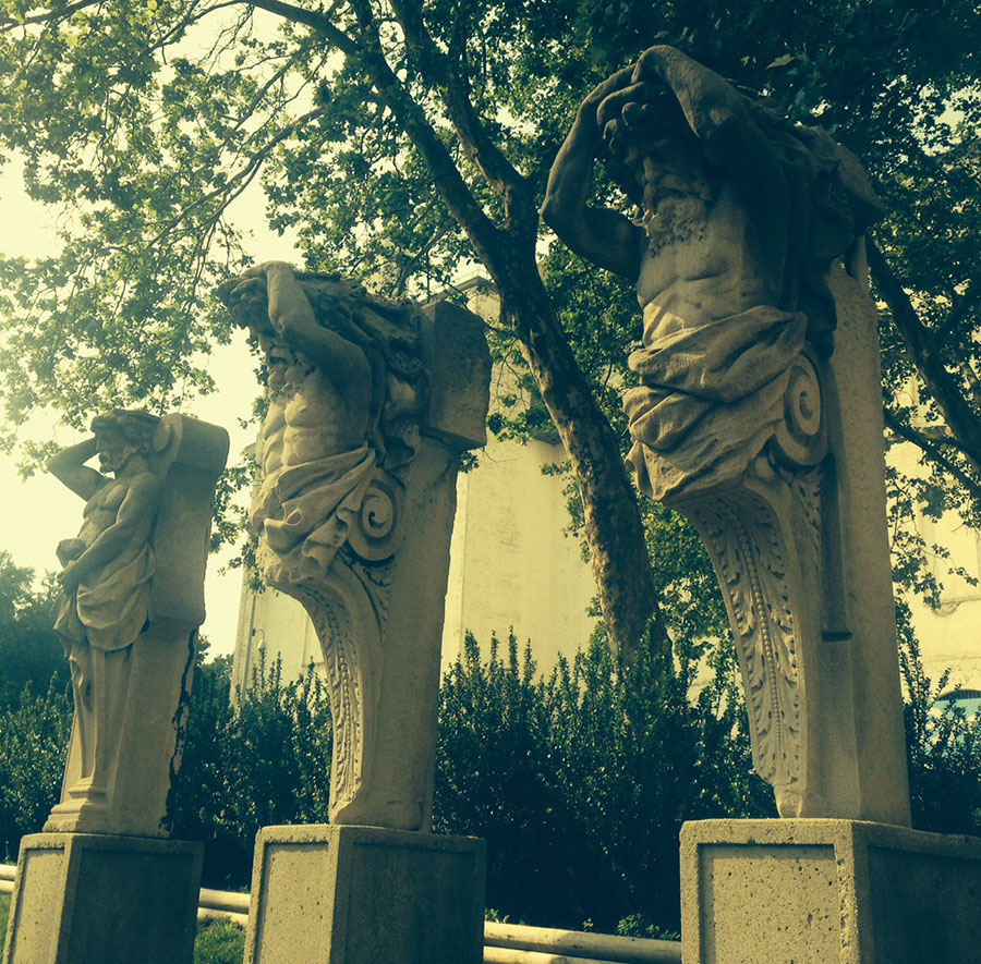 statuary in the trees. subdued colors