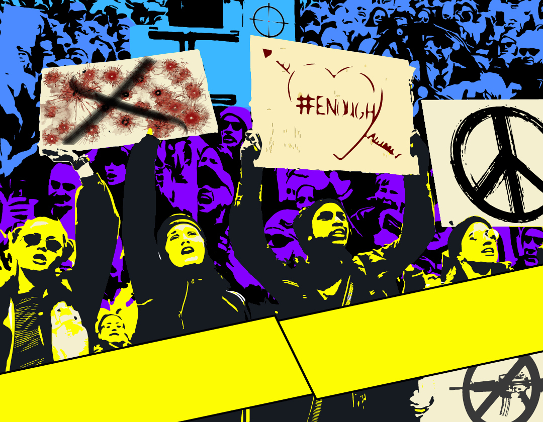 a crowd rendered in a bold black, purple, blue, and yellow illustrative style