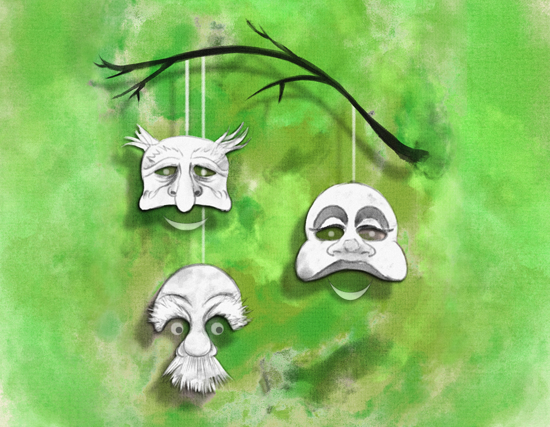 Three illustrated acting masks hanging from a branch