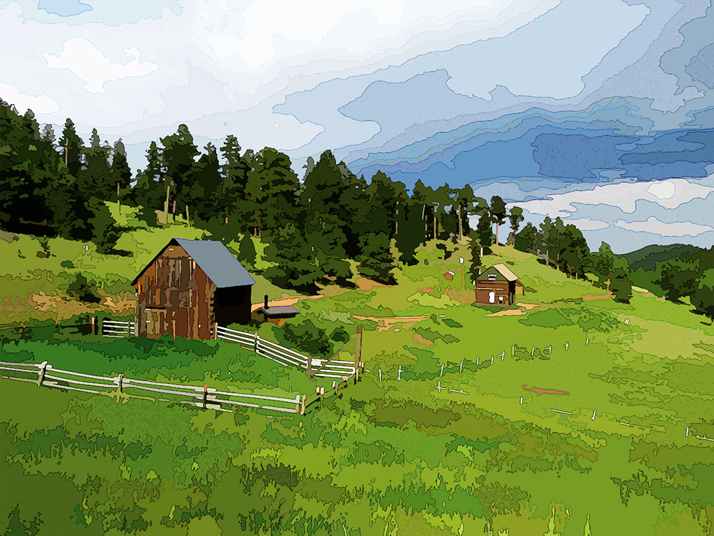 digital painting of a mountain homestead a forest and fields