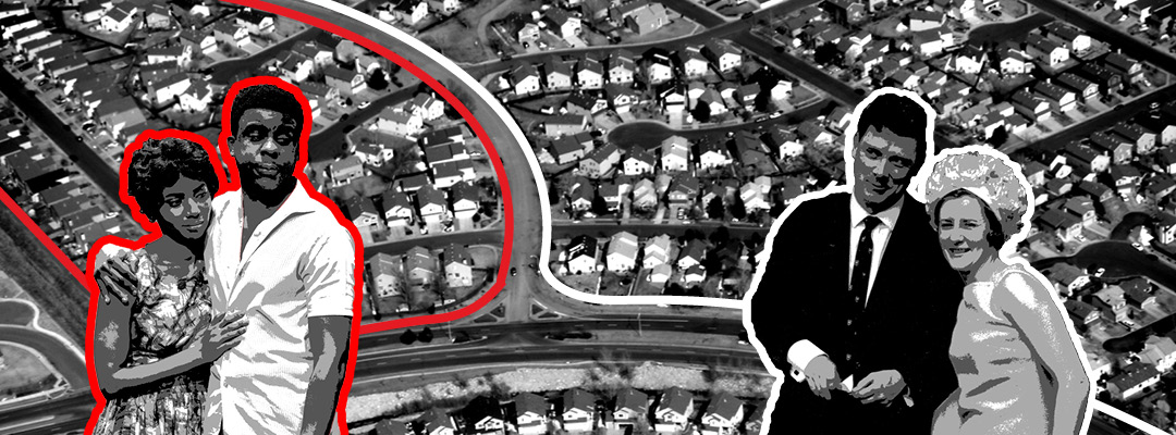 Aerial view of a suburb outlined in two sections, showing a black couple over one, and a white couple over the other.