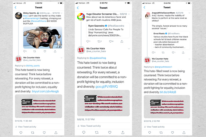 examples of hate speech with WeCounterHate replies appended