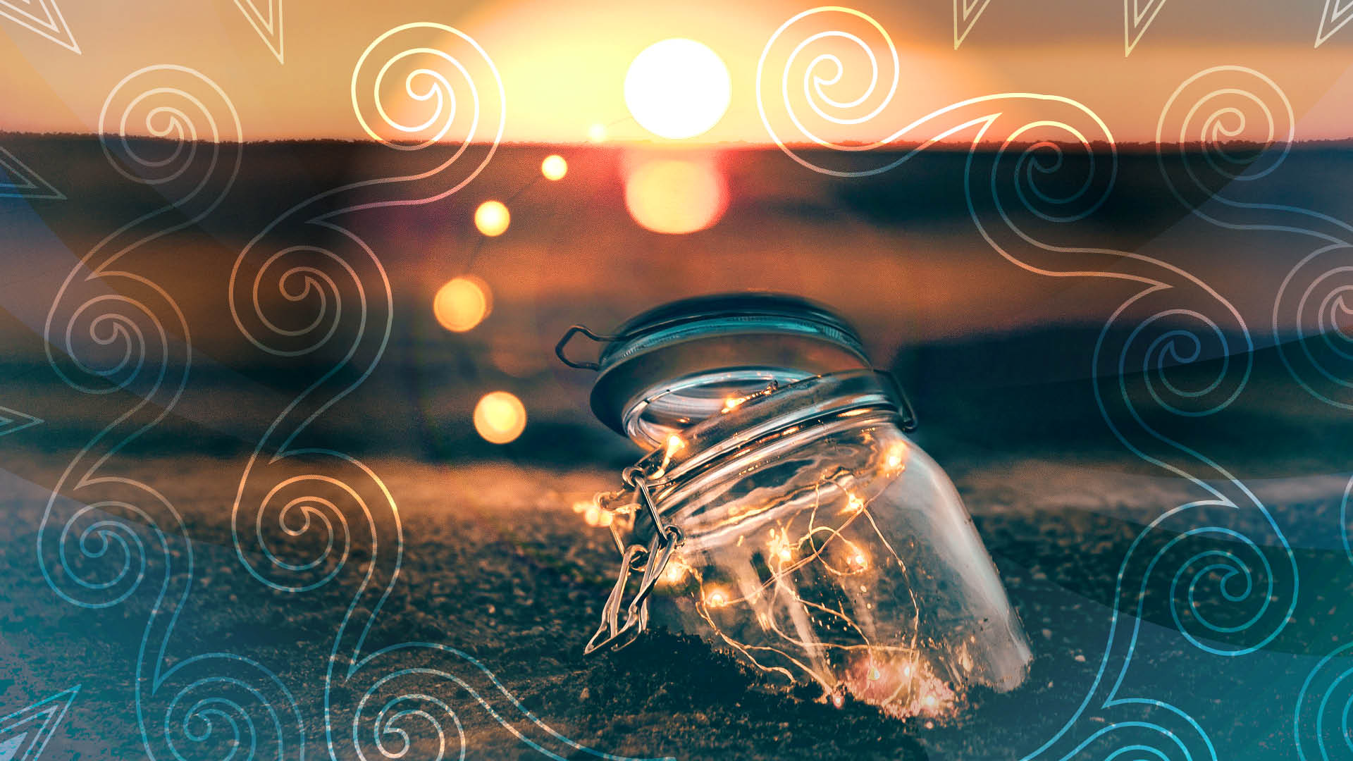 an open jar in sand filled with string lights, surrounded by swirl and triangle patterns. Dots of light swirl out of the jar into the sunset