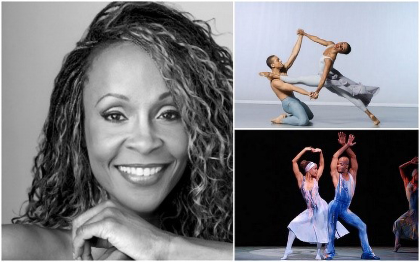 3 picture collage: 1. a smiling person with stylish long hair, 2. a dancer leaping onto the shoulder of a kneeling dancer, their hands linked to form a square with their arms, 2. two dancers in a sassy pose on stage