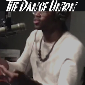 a podcaster in mid conversation with the title "The Dance Union" displayed overhead
