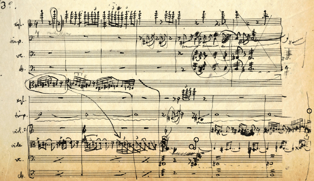 sheet music of a Bartok score with illegible handwritten notes
