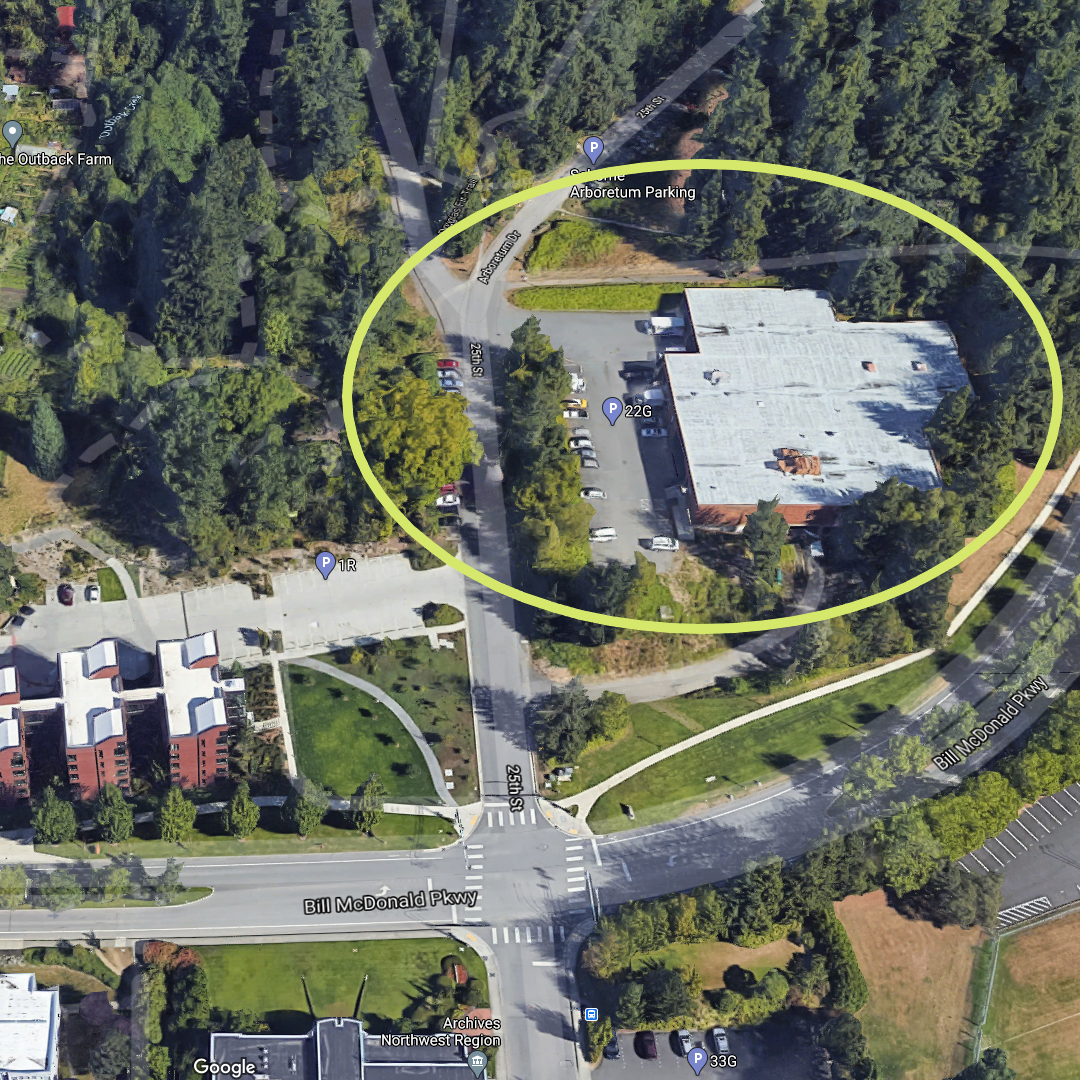 aerial view of the Commissary building, with a circle drawn around it