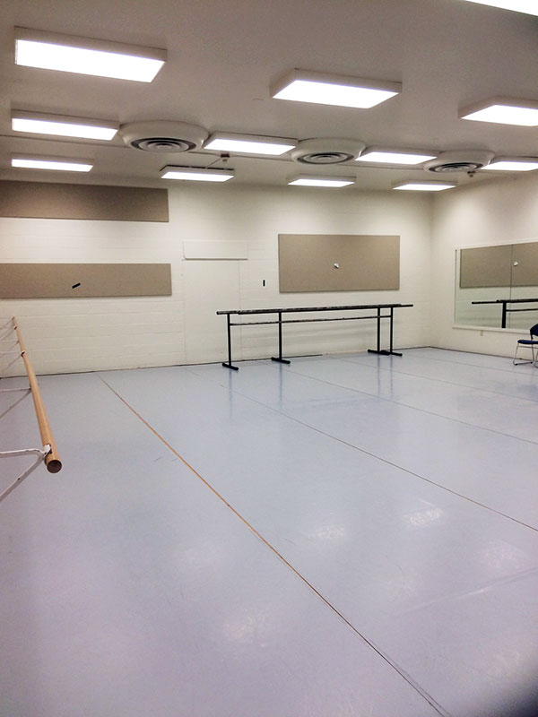 an empty room with mirrors and sound panels on the wall, and ballet bars