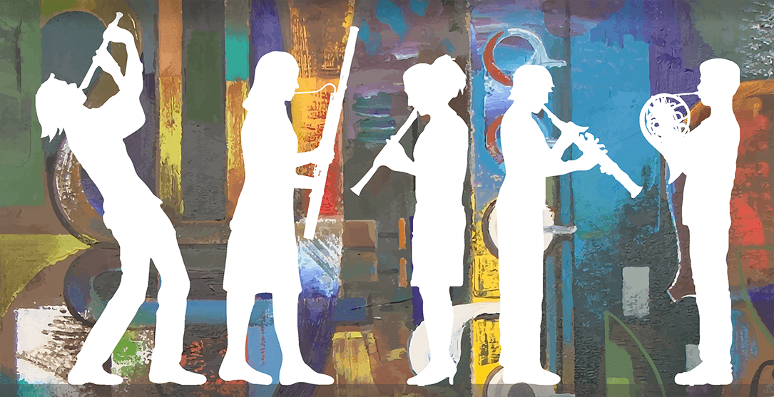 silhouettes of musicians playing wind instruments