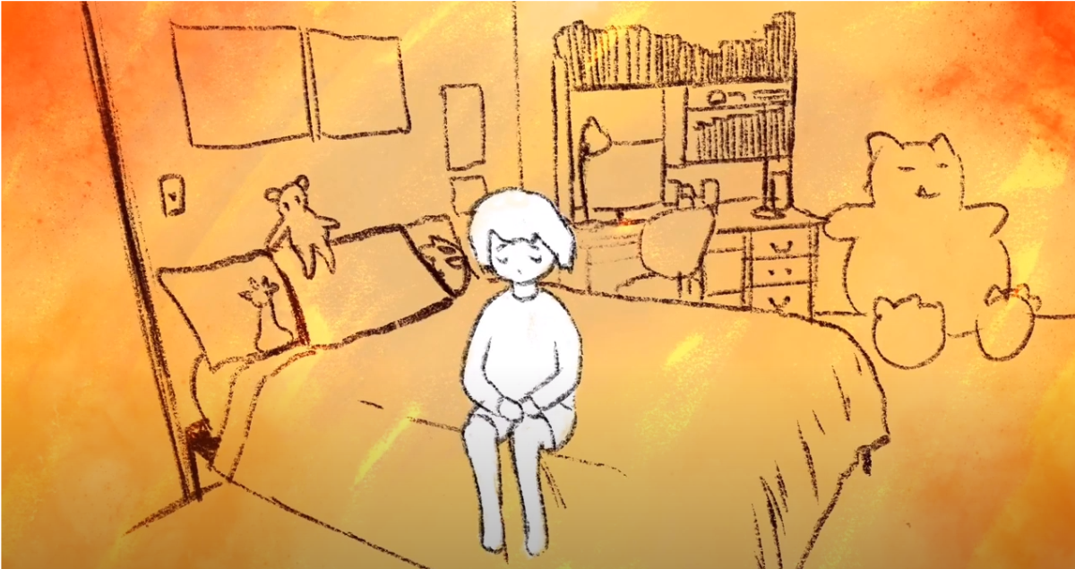 Cartoon illustration of a young person sitting on a bed in a bedroom