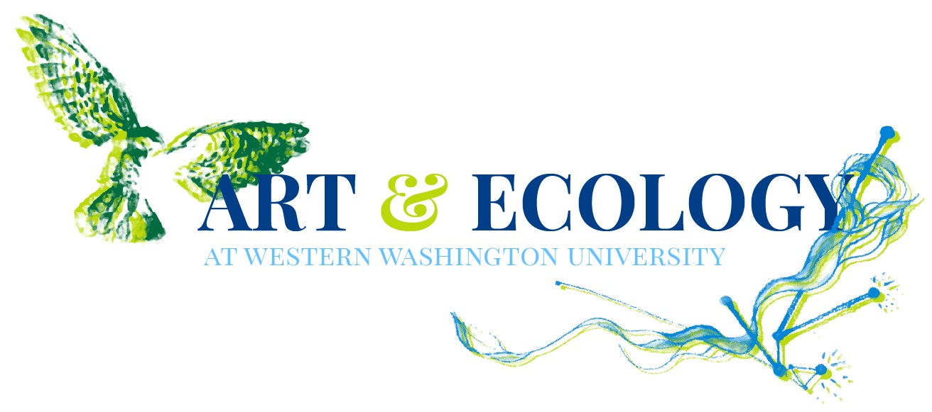 Illustrations of an owl and seaweed intertwining sticks flank the words Art & Ecology at Western Washington University