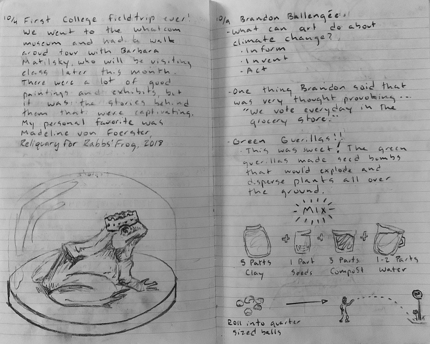 Two pages of notes with a hand drawn frog wearing a crown, and a recipe: 5 parts clay, 1 part seeds, 3 parts compost, 1-2 parts water, roll into quarter sized balls, and an arrow pointing to a person throwing something at a sign.