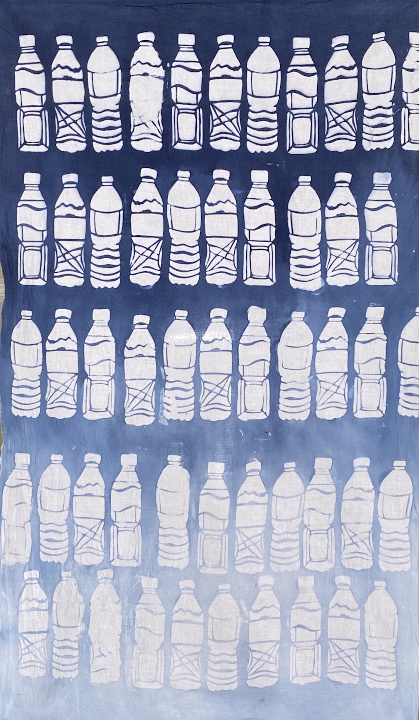 Dark blue to white gradient on fabric, with rows of plastic bottles imprinted as negative space on the gradient background