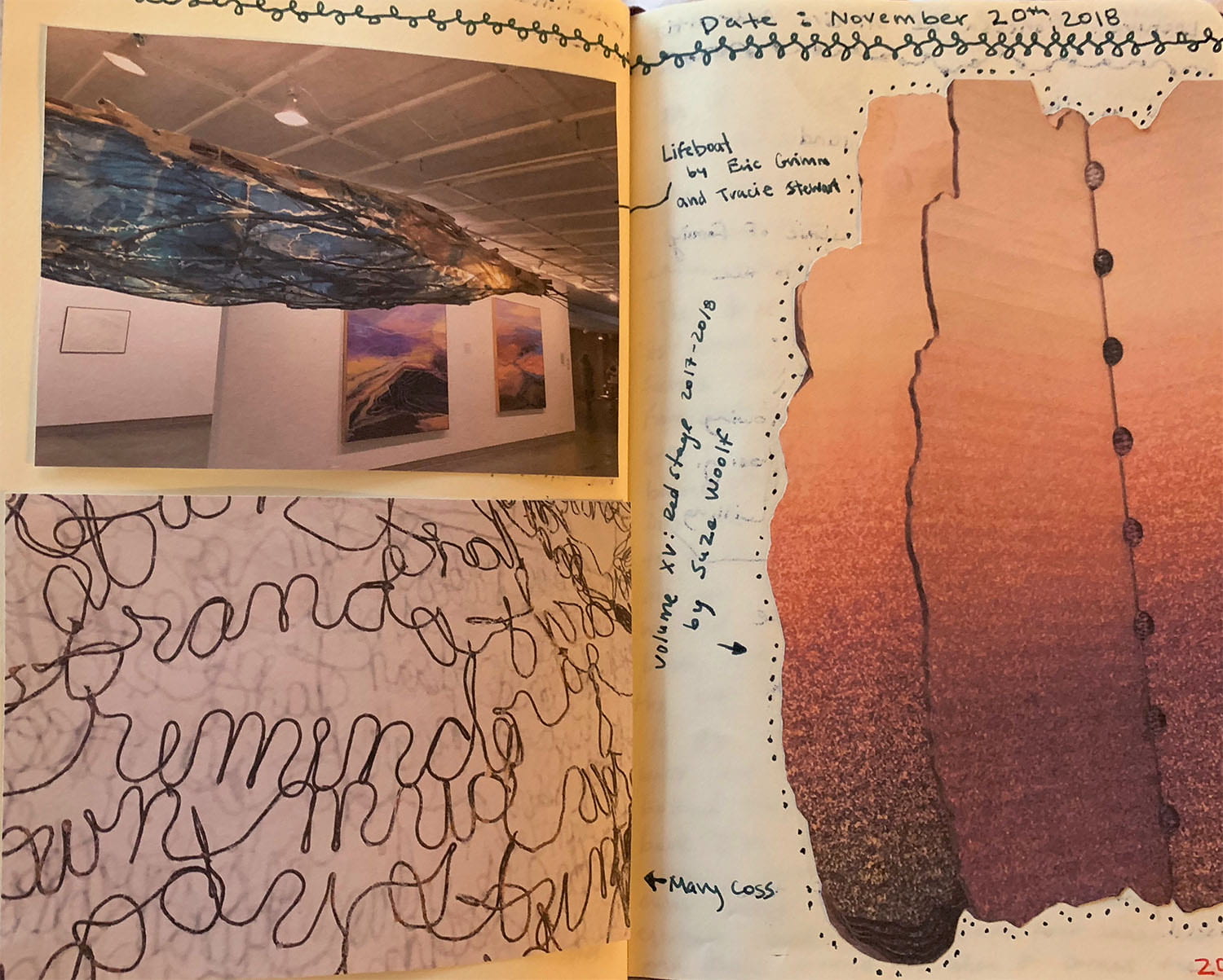 two pages in a scrapbook with a photo of a gallery exhibition, some scribbled, illegible words, and a cutout of something redish brown with a smooth but grainy texture