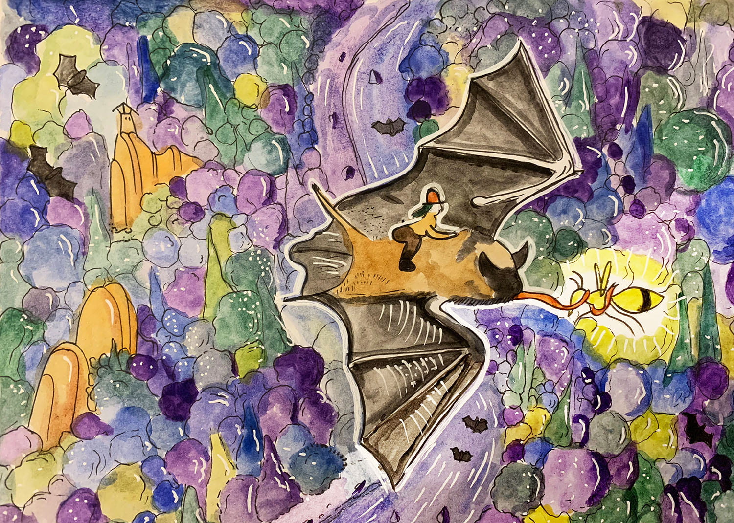 watercolor illustration showing a person riding a bat that is catching a bee, while flying high over a forest