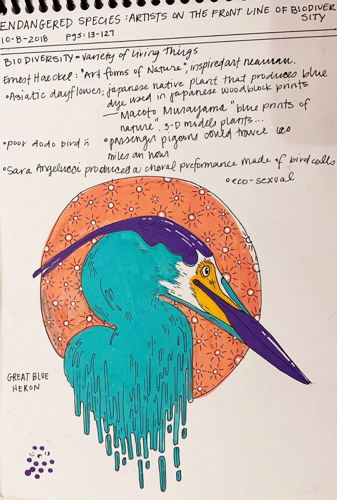 colored ink drawing of a great blue heron in front of a sparkly circle, on a page of notes