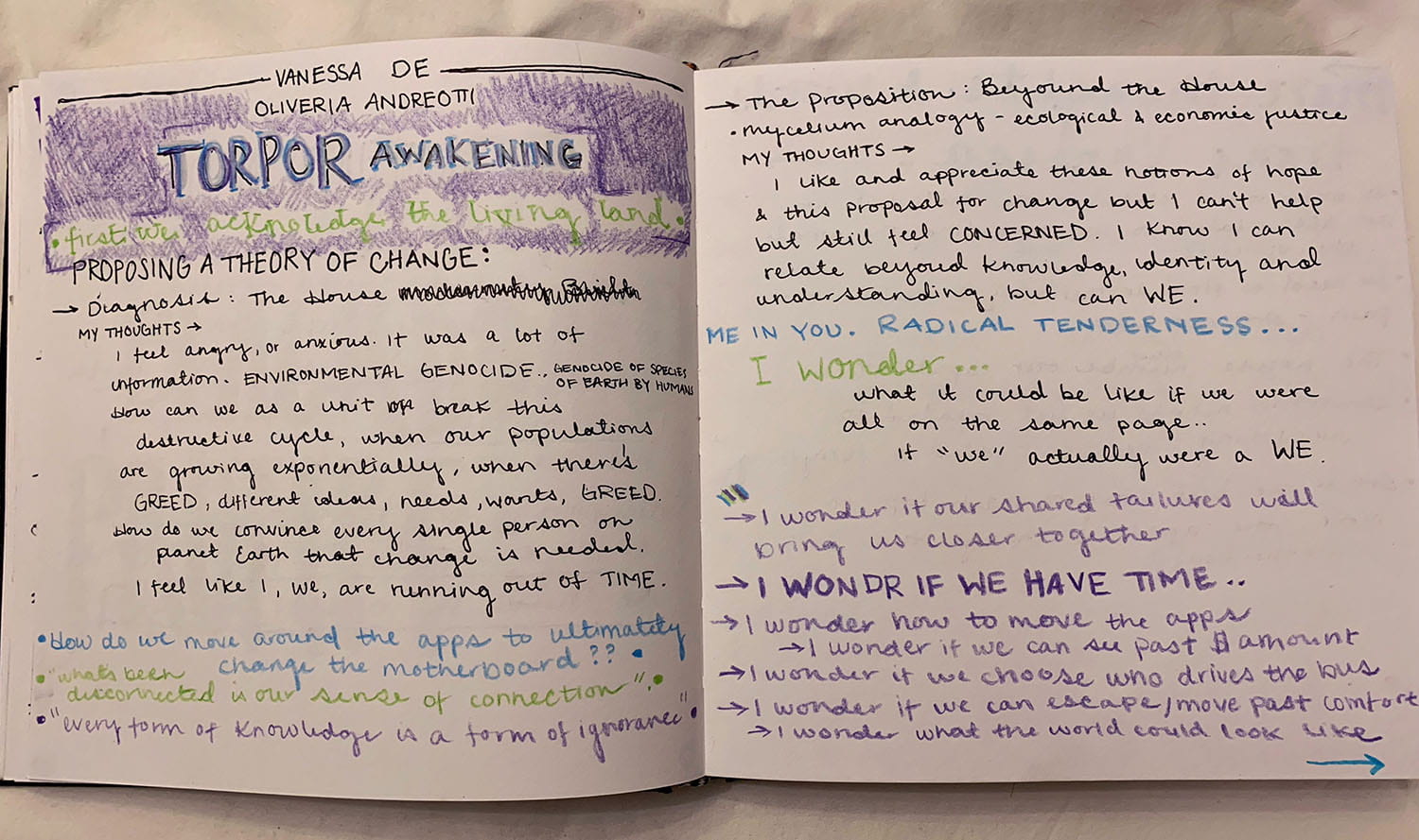 two-page journal entry titled "Vanessa De Oliveria Andreoti: Torpor Awakening" and filled with wondering notes about bringing change to an endangered environment