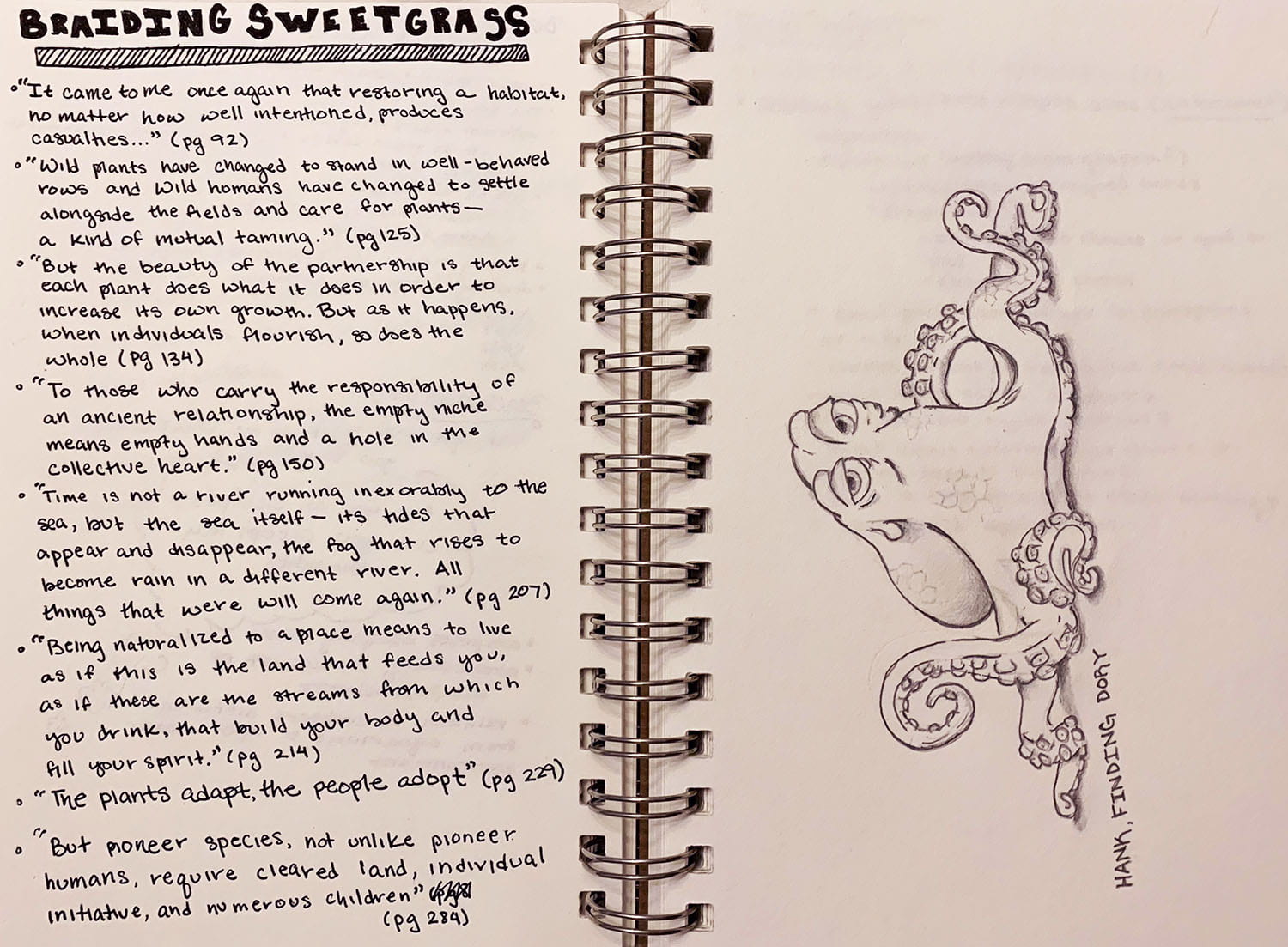 A page of handwritten notes about Braiding Sweetgrass, next to a page showing a drawing of an octopus labeled "Hank, finding Dory"