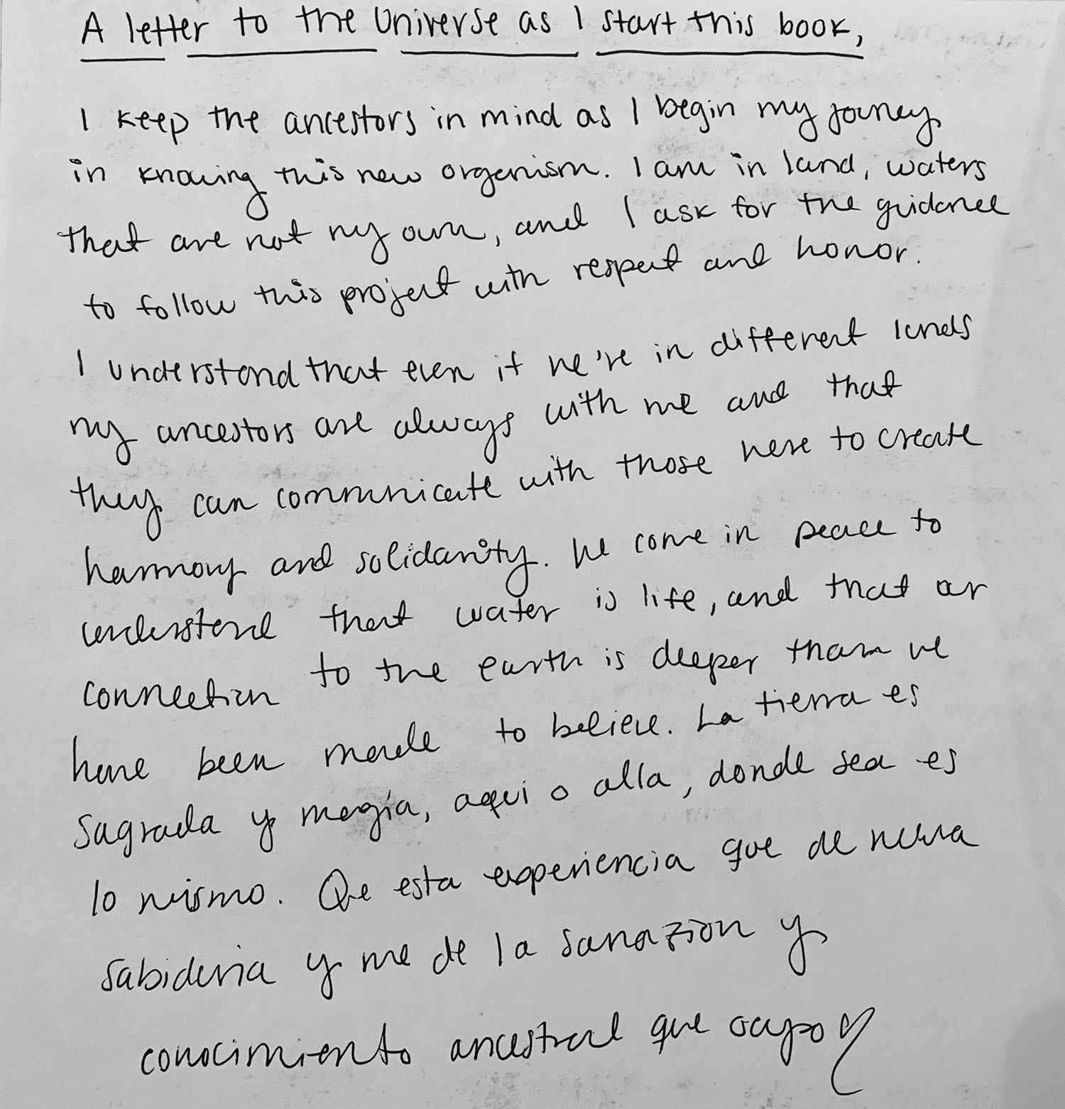 handwritten letter titled "A letter to the universe as I start this book"