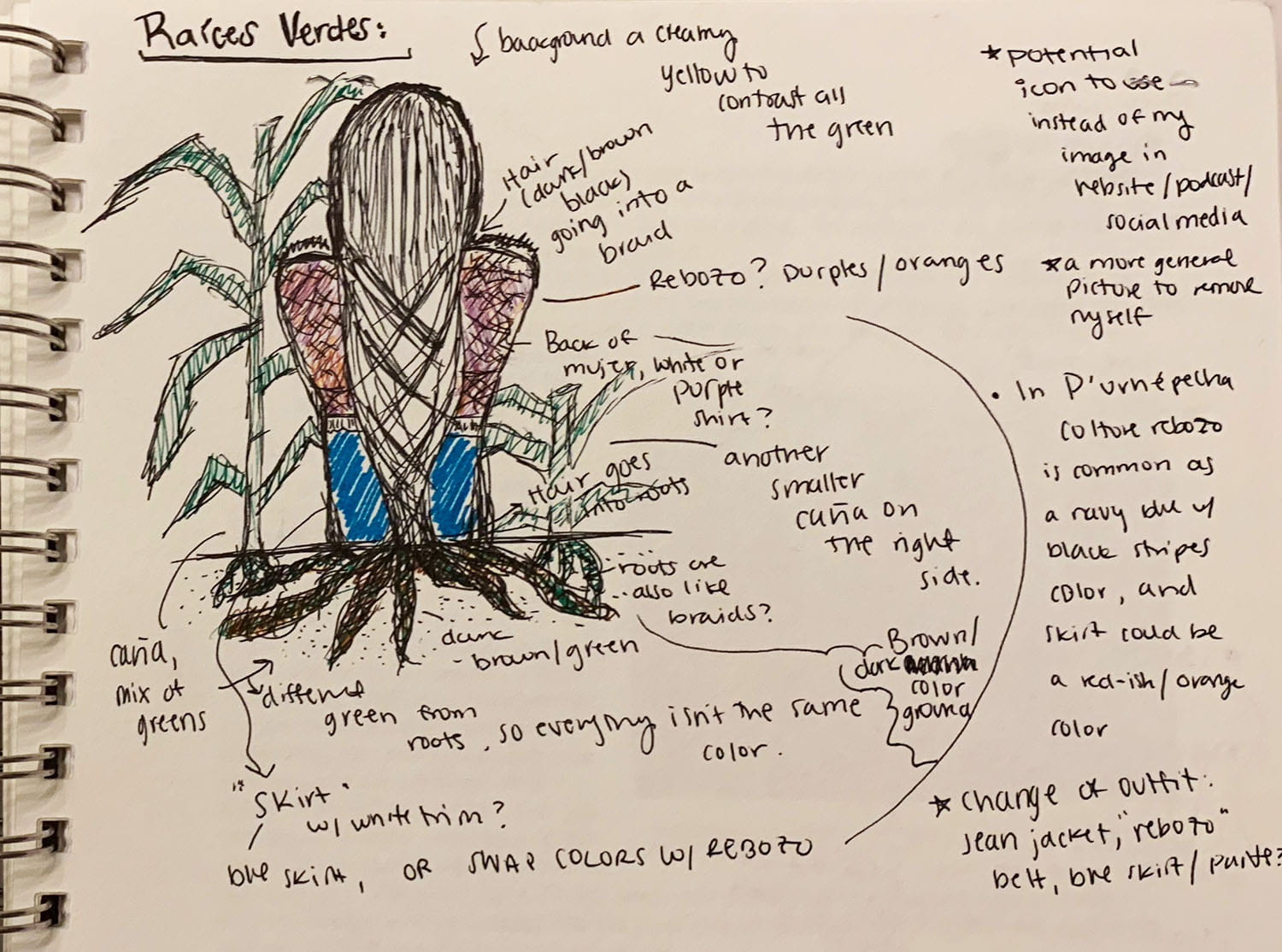 colored ink illustration of plant life, with lots of notes, titled Raices Verdes