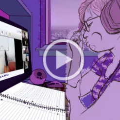A play button overlays an illustration of a person wearing headphones in front of a computer screen, reading from a notebook