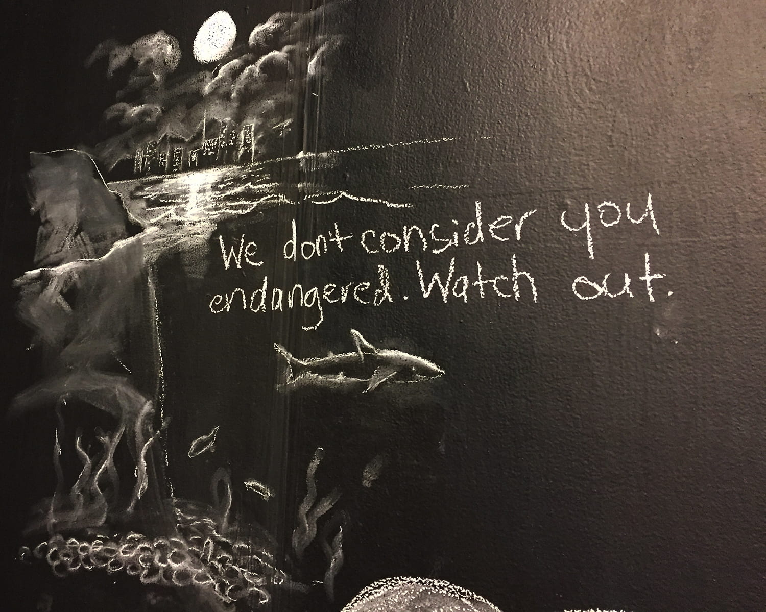 Drawing of the moon over a rain cloud over a river, and underneath a fish swimming away from eggs.  Handwritten words say "We don't consider you endangered. Watch out."