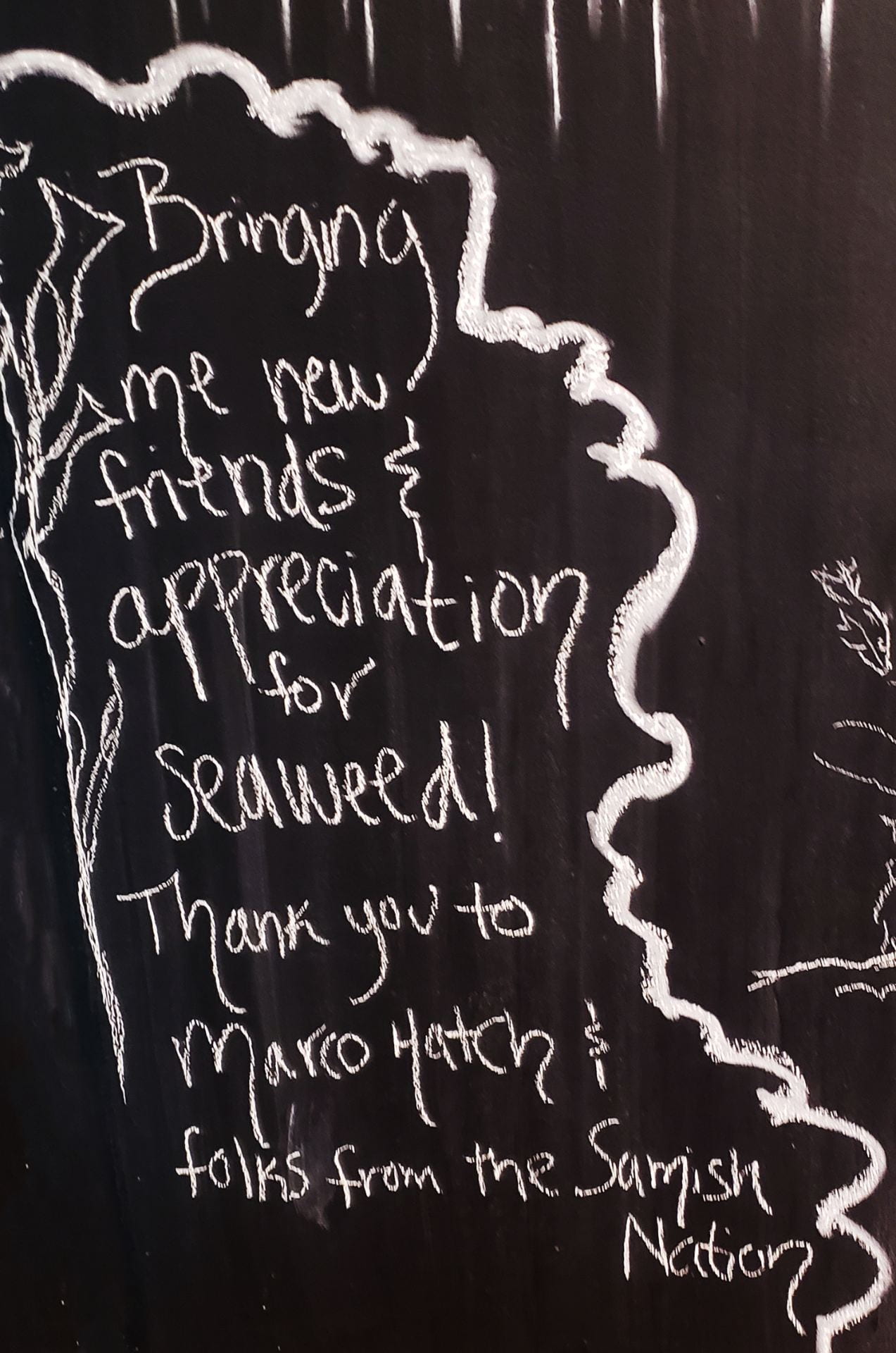 handwritten words on a chalkboard: "Bringing me new friends & appreciation for seaweed! Thank you to Marco Hatch & folks from the Samish Nation"