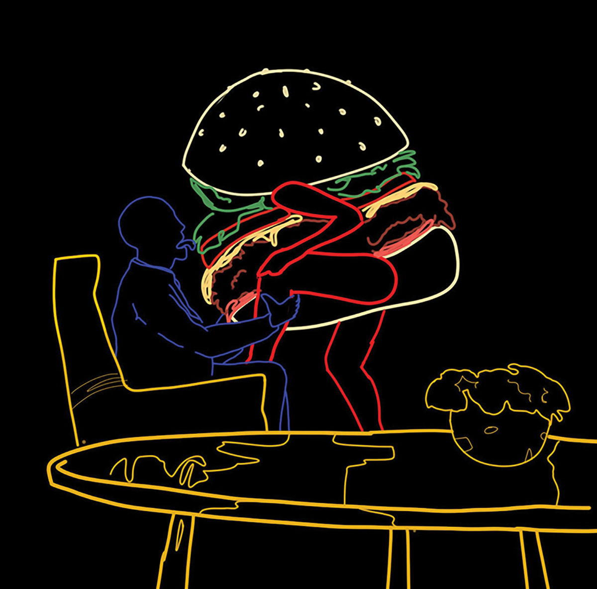 neon outline of a giant burger with bare legs climbing into a persons lap