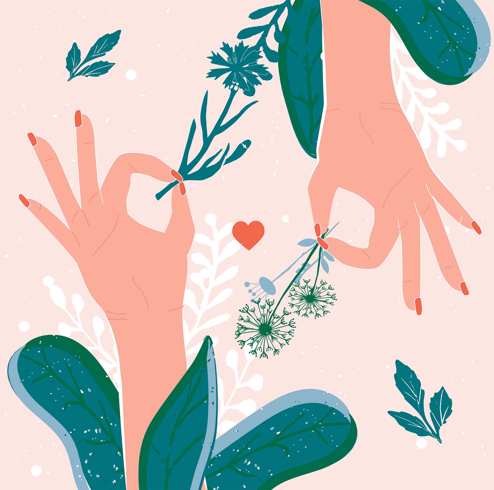 illustration of two hands, one reaching up, one down, each holding a flower betwixt thumb and forefinger as if to tickle the other's wrist