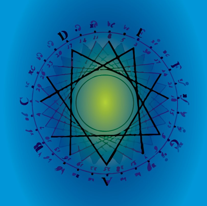 A geometric illustration of a many pointed star circled by cryptic letters and numbers