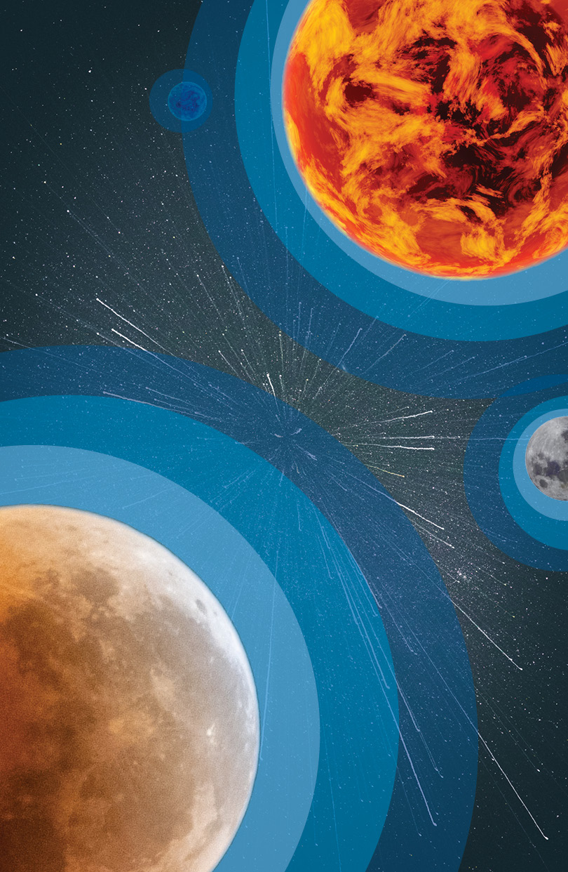 suns and moons floating in space with a starry background like Star Trek's "warp mode"