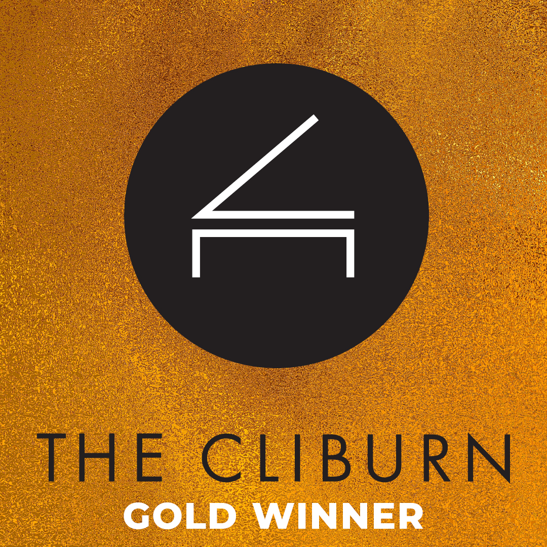 The Cliburn logo on a gold background with text "Gold Winner" below